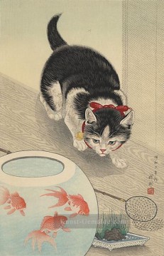  Katzen Kunst - Katze und Schale von Goldfischen 1933 Ohara Koson Shin Hanga